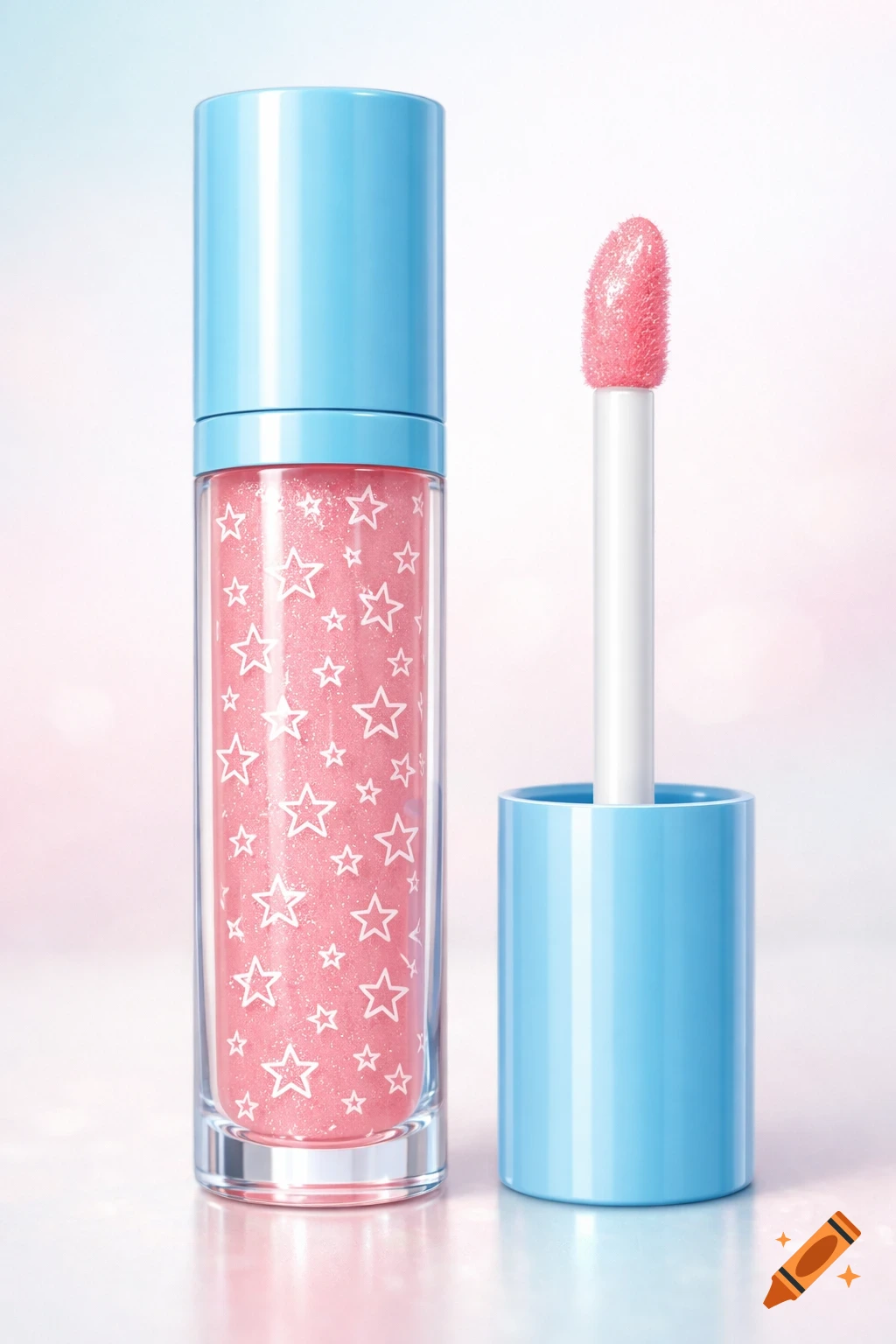 A light pink lip gloss bottle with white outlined stars and glitter, alongside a light blue cap and applicator.