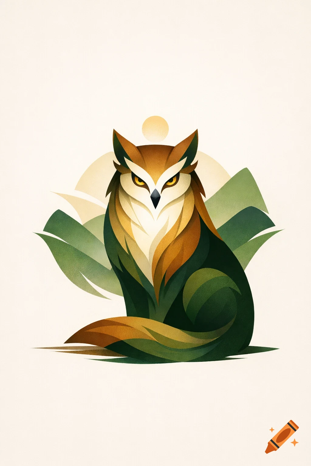 Stylized fox-owl creature illustration with green, brown, and white feathers and glowing yellow eyes, set against a minimalist background with mountains and a sun.