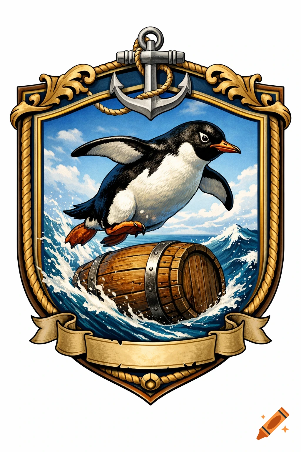 An ornate crest features a cartoon penguin jumping over a wooden barrel on choppy blue water, with an anchor at the top.