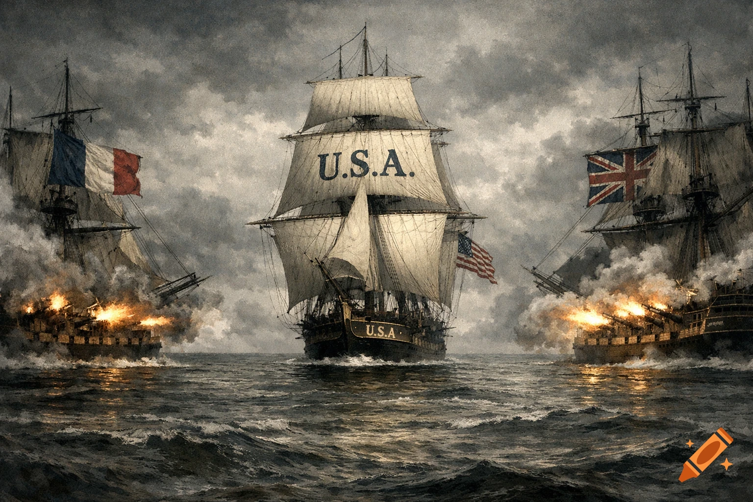 Dramatic painting of a naval battle. A US ship sails between a French ship and a British ship, both firing cannons.