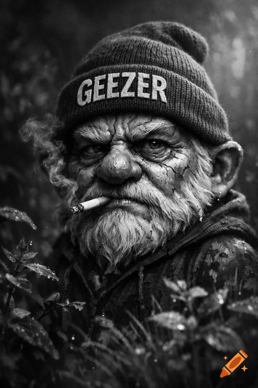 Close-up black and white portrait of a grumpy gnome with a beard, wearing a 'GEEZER' beanie, smoking a cigarette in foliage.