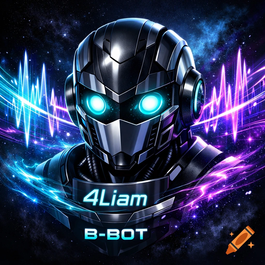 A futuristic black robot head with glowing blue eyes and text "4Liam" and "B-BOT" on its chest, against a cosmic background with blue and purple sound waves.