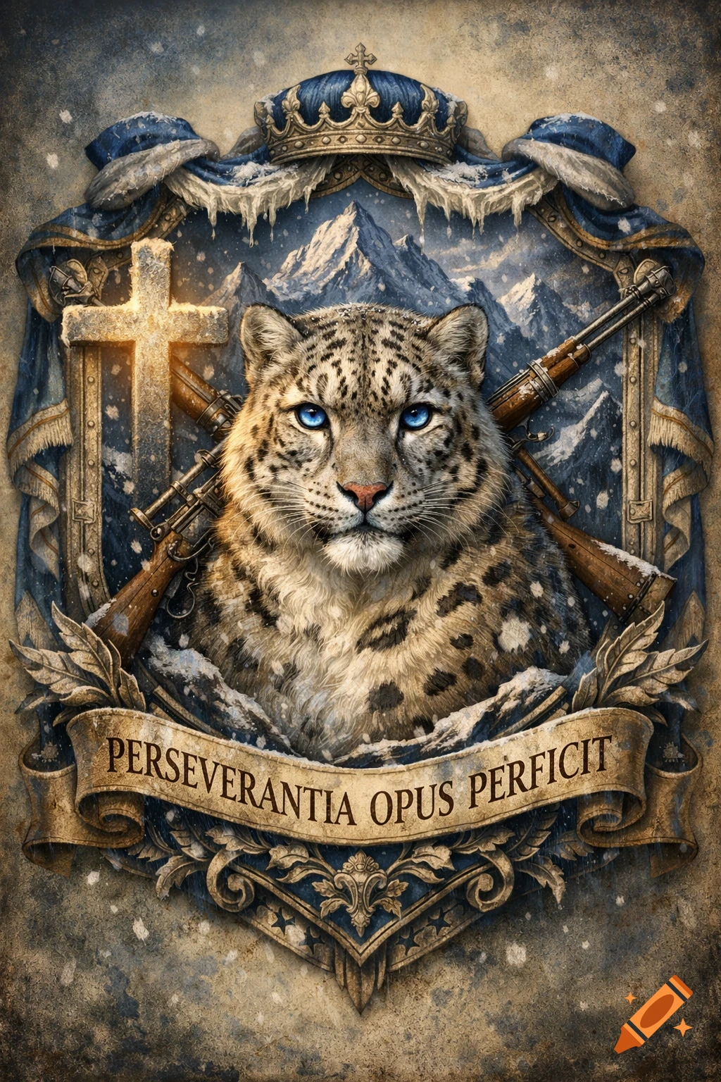 A stylized coat of arms with a snow leopard's head, cross, and rifles, set against snowy mountains under a crown. A banner below reads "PERSEVERANTIA OPUS PERFICIT".