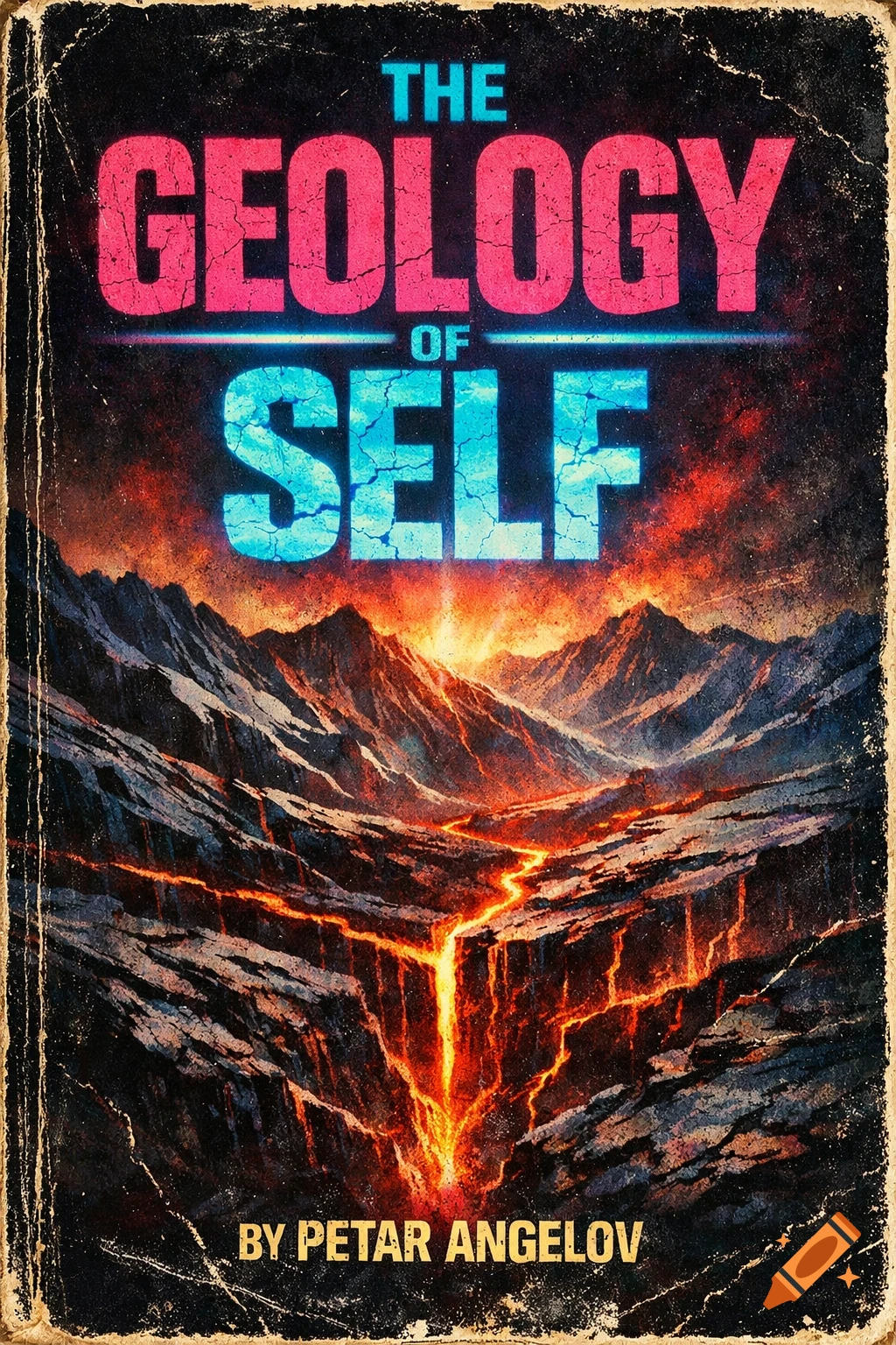 A distressed 1980s paperback book cover titled 'The Geology of Self' by Petar Angelov, featuring a volcanic landscape with glowing lava fissures.