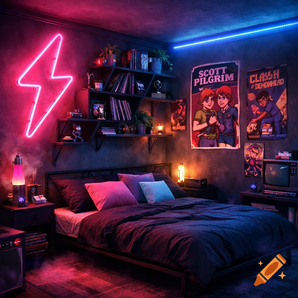 A moody, neon-lit bedroom with a black bed, shelves of books and plants, and Scott Pilgrim posters.