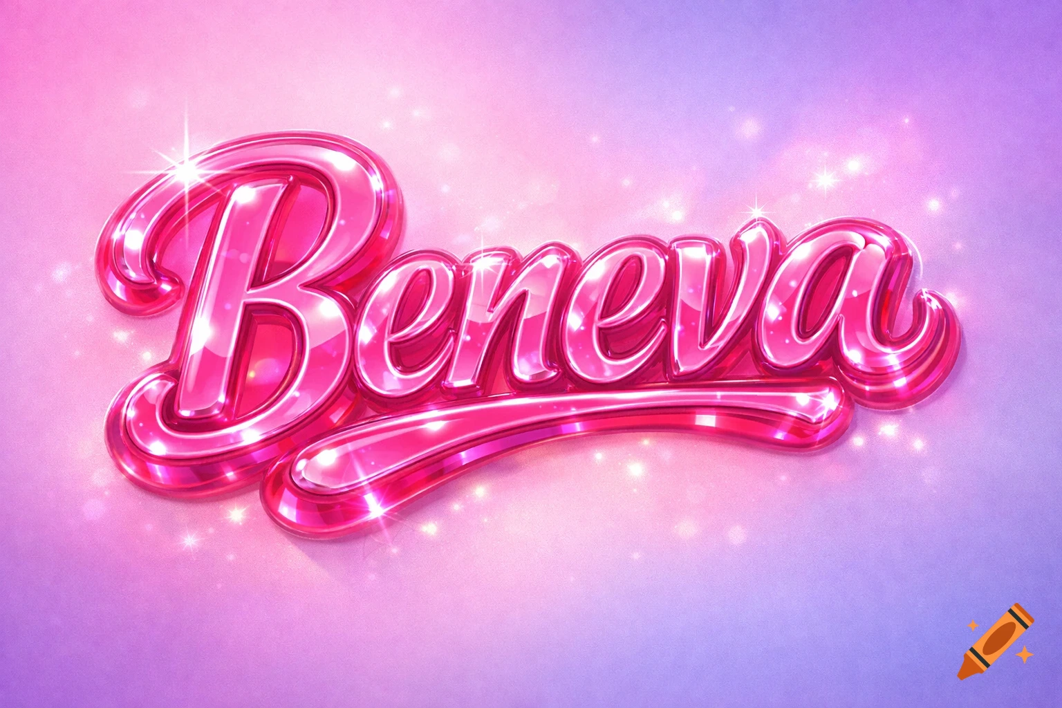Glossy, shiny pink 3D text spelling 'Beneva' on a sparkling pink and purple gradient background.