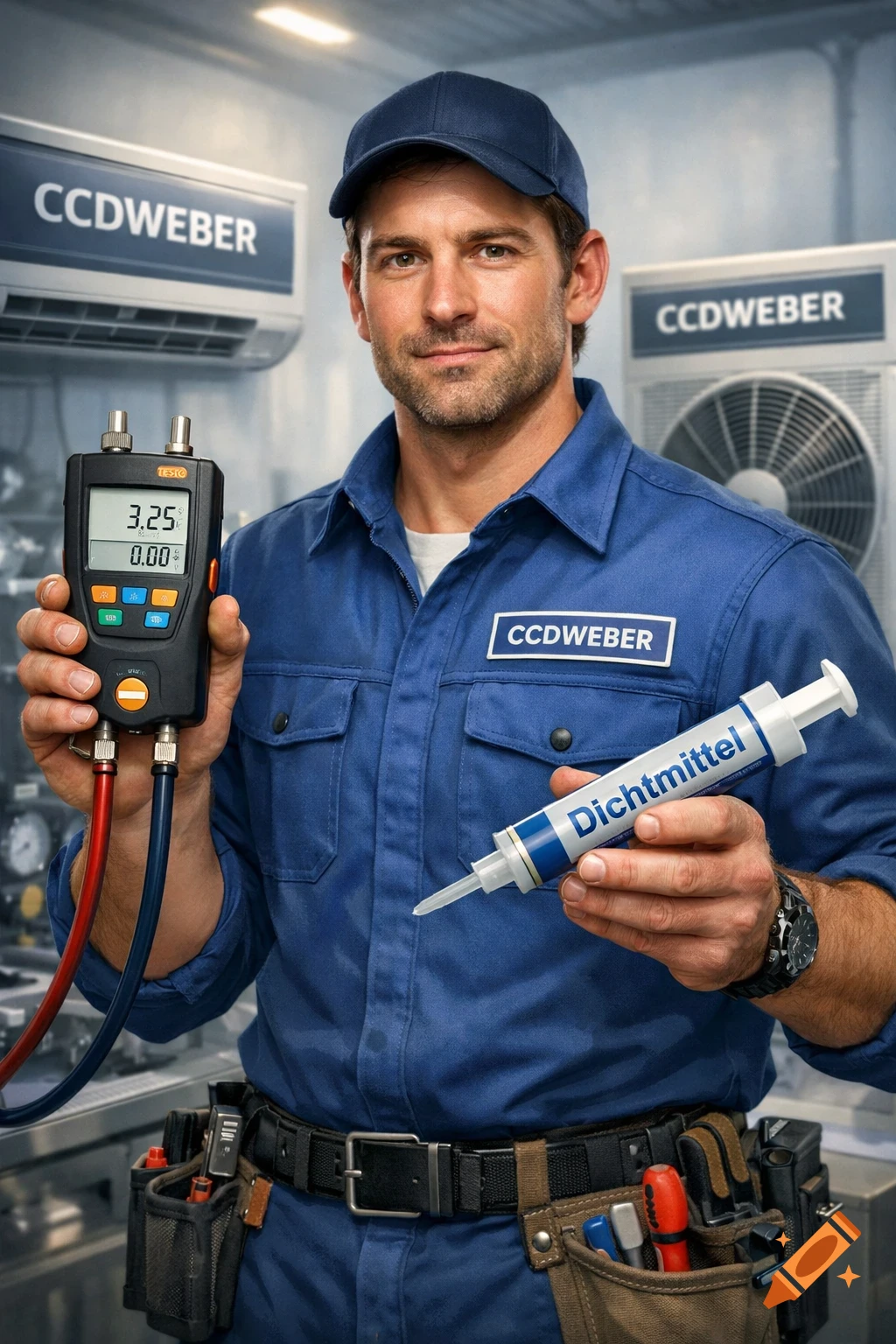 A smiling male technician in a blue uniform and cap holds a manometer and a syringe labeled "Dichtmittel", standing in front of AC units.