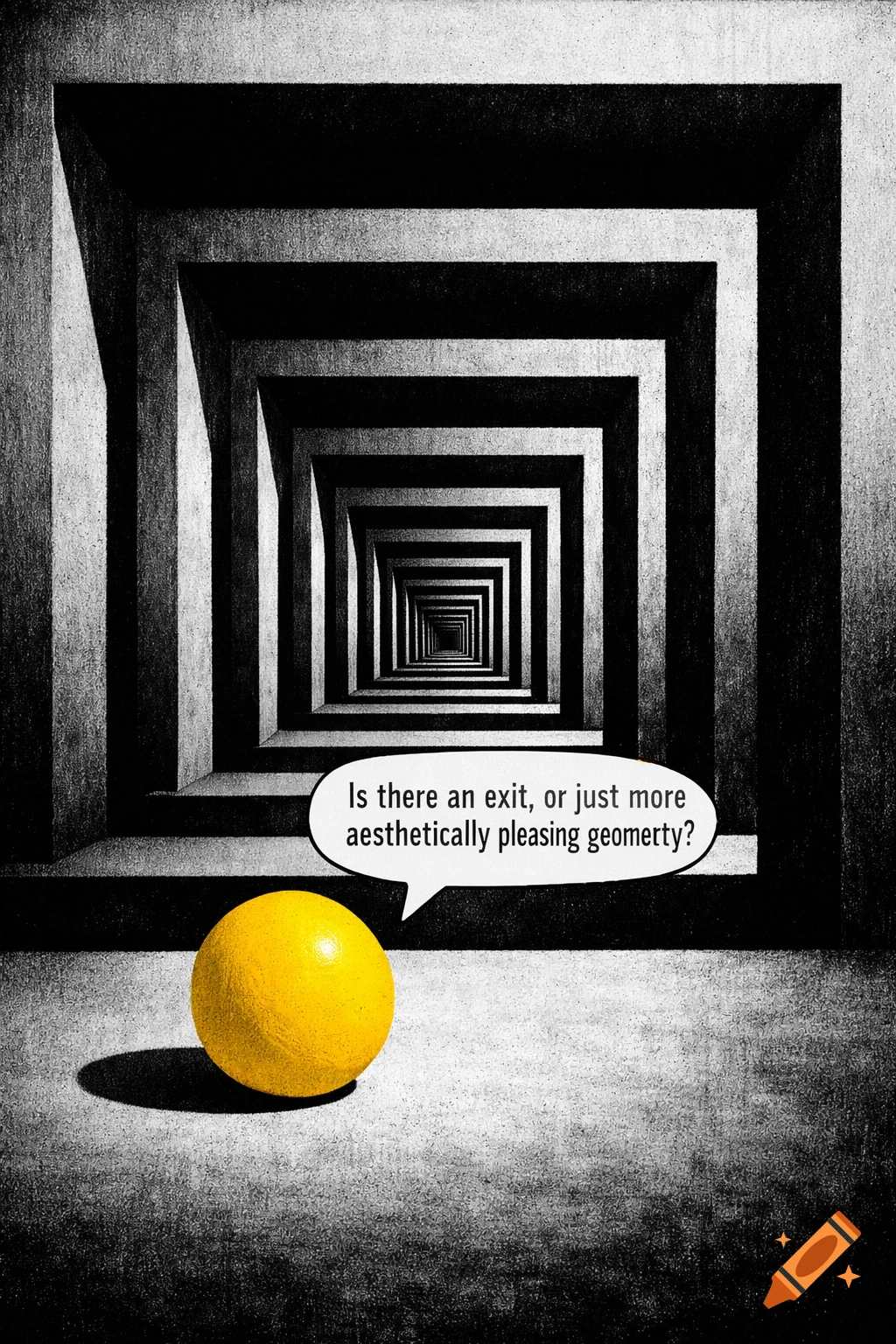 A yellow sphere sits on the ground in a black and white infinite corridor of receding rectangular arches, with a speech bubble.