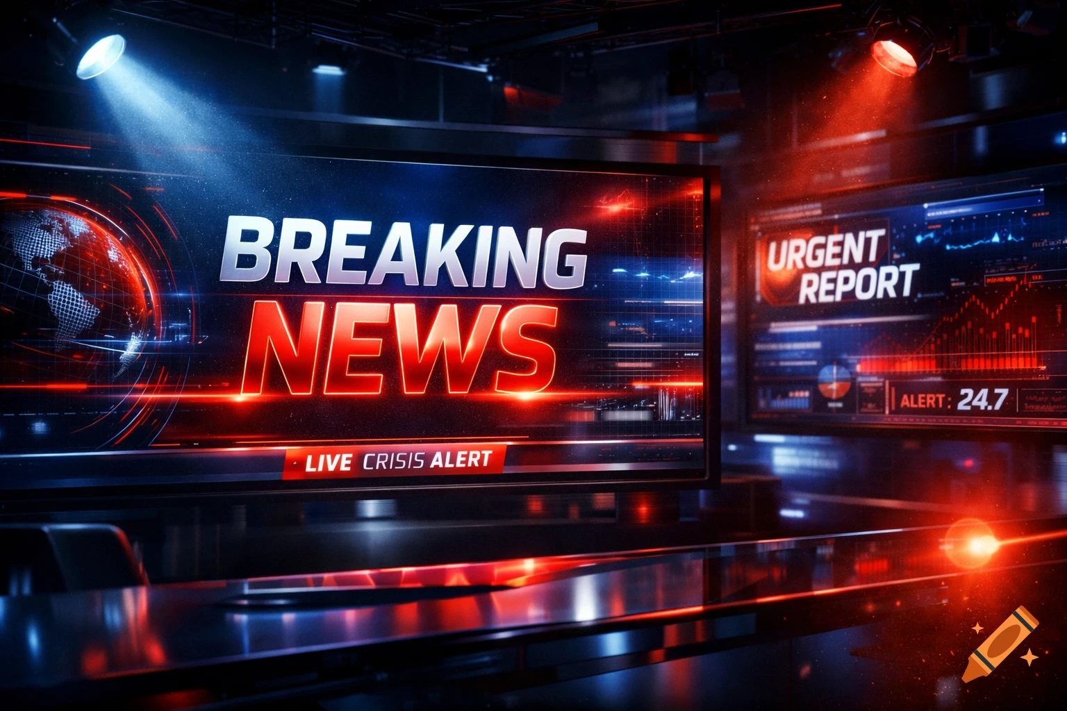 Dark news studio with screens displaying 'Breaking News' and 'Urgent Report', illuminated by dramatic red and blue lights.