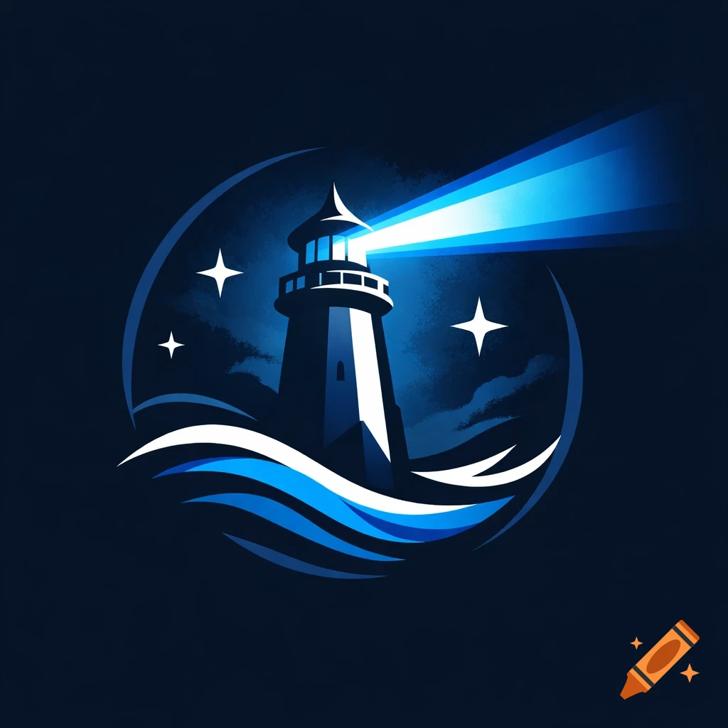 A stylized logo features a white lighthouse with a bright blue beam of light, surrounded by blue waves and stars against a dark blue sky.
