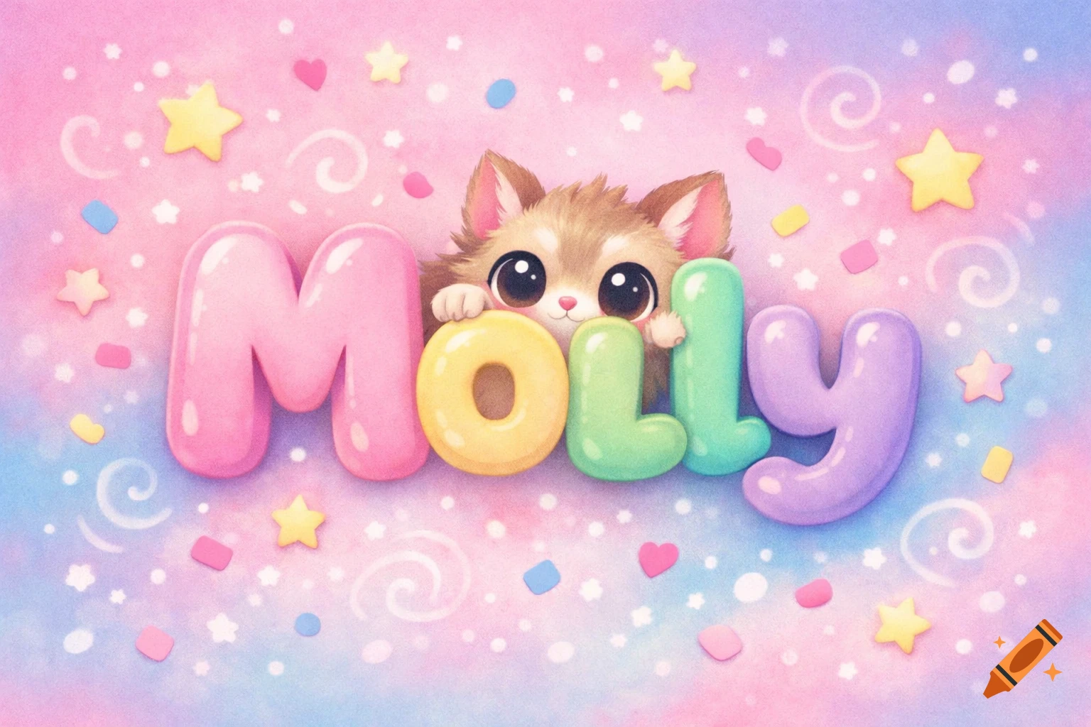 Cute kitten peeking over colorful bubbly letters spelling "MOLLY" on a pastel pink and blue background with stars and hearts.