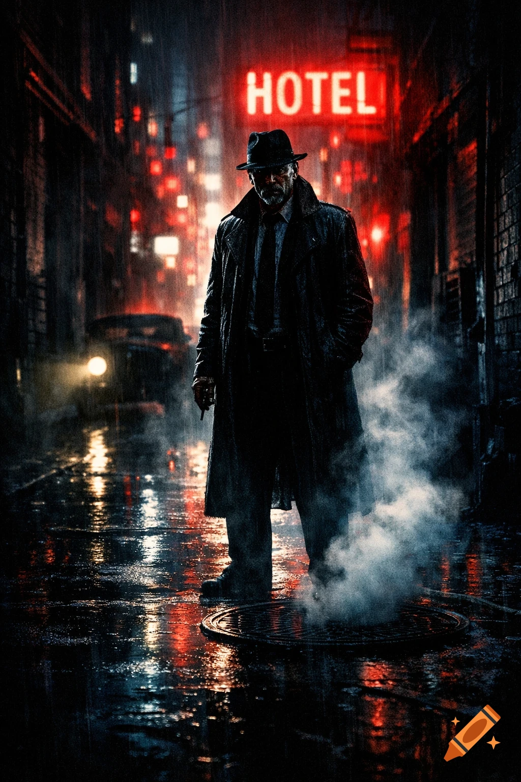 A man in a trench coat and fedora stands in a rainy, neon-lit city street under a "HOTEL" sign, in a film noir style.
