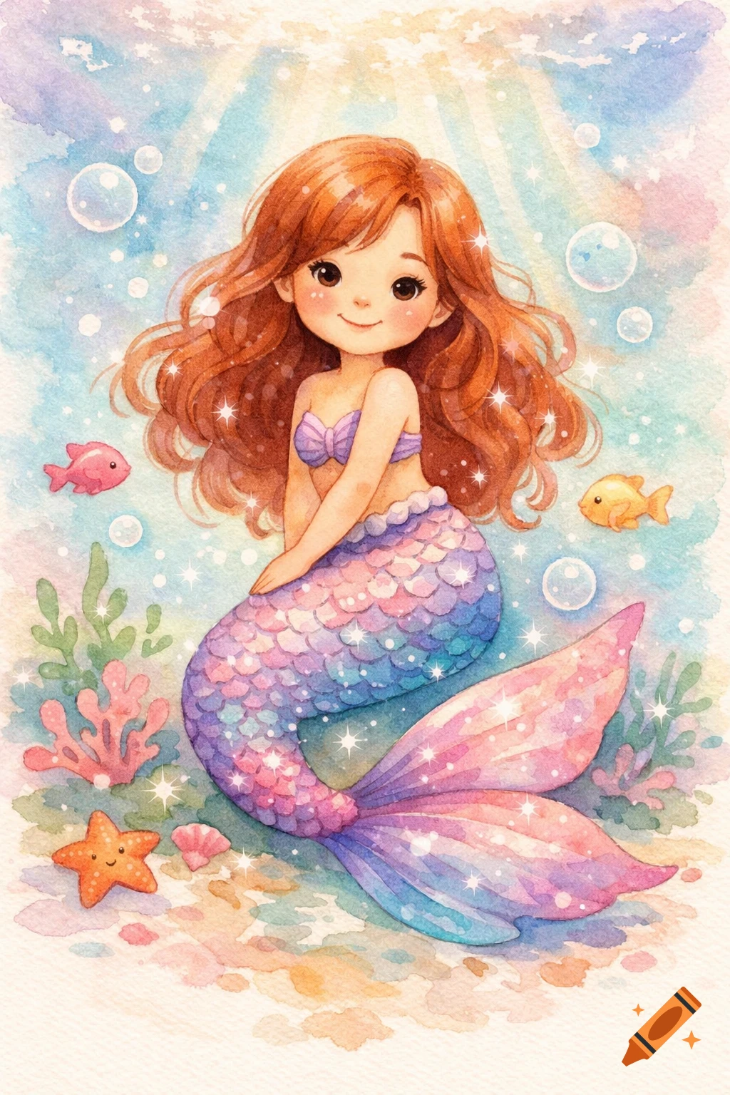 Whimsical watercolor illustration of a friendly mermaid with red hair and a shimmering pastel tail, sitting underwater with fish and coral.