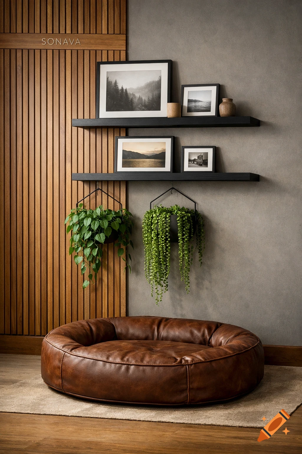 A stylish interior features a brown leather dog bed, wooden slat panels with "SONAVA" text, a grey wall with shelves, framed art, and hanging plants.