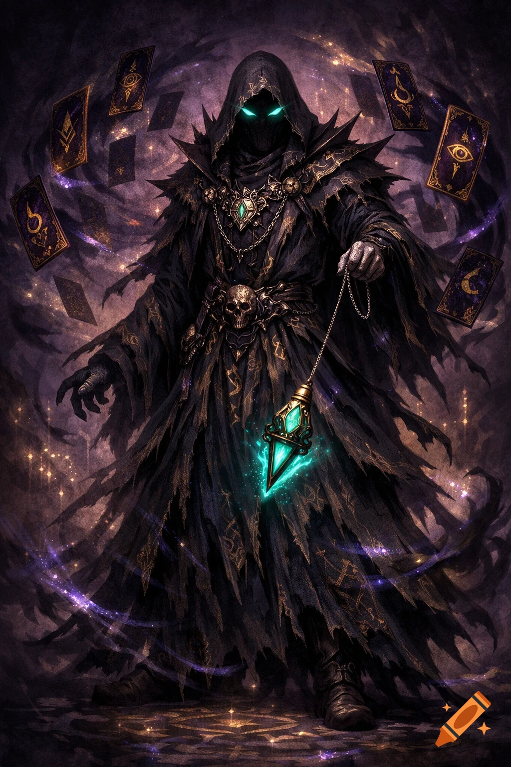 A shadowy sorcerer with glowing eyes and tattered dark robes holds a glowing pendulum, surrounded by floating mystical tarot cards.