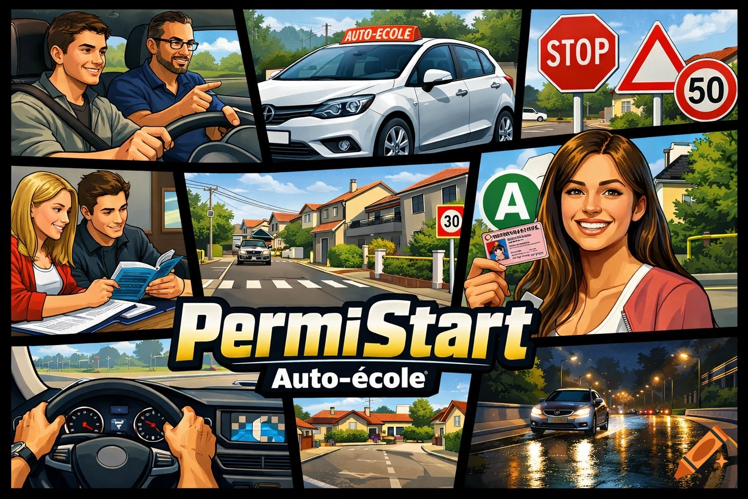 A colorful GTA-style collage promoting "PermiStart Auto-école," featuring scenes of driving lessons, French road signs, students studying, and a happy student with a driving license.
