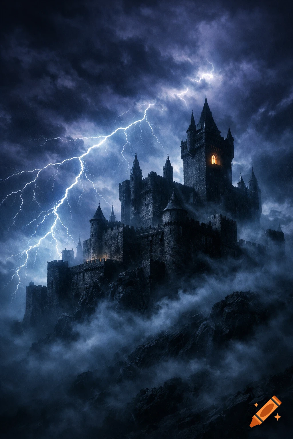 A dark, gothic castle on a rocky cliff, shrouded in mist under a stormy sky with bright lightning.