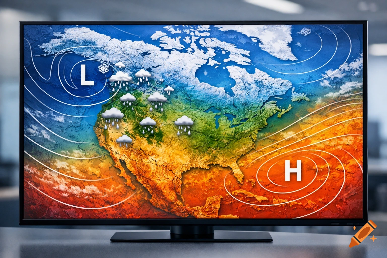 A television displays a photorealistic weather map of North America showing L and H pressure systems, rain clouds, and snow.