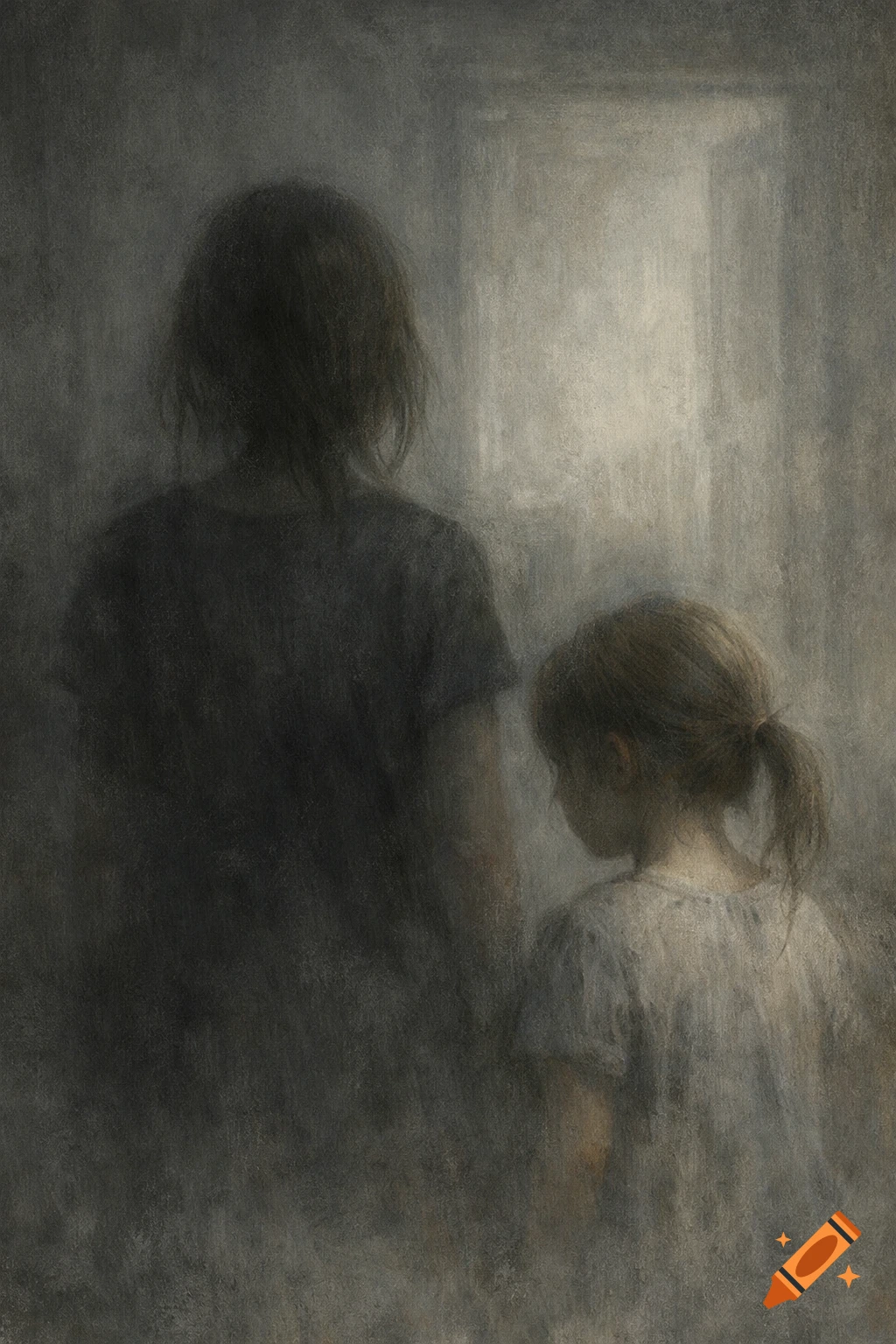 Hazy, desaturated painting of two figures, an adult and a child, seen from behind in a muted room looking towards a faint light.