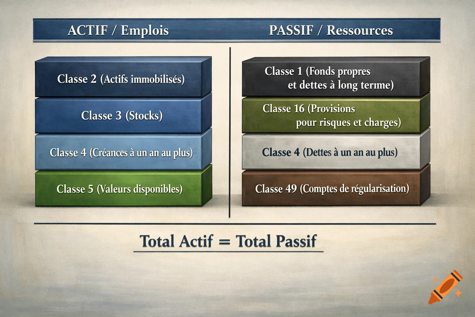 A French financial balance sheet diagram showing 'Actif' and 'Passif' sections with stacked labeled blocks and a total equation.