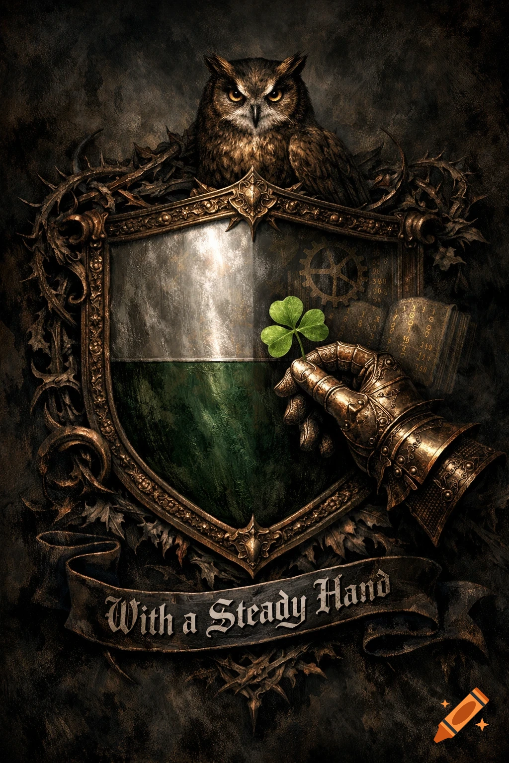 A dark, gothic medieval-style crest with an owl, an armored hand holding a three-leaf clover, and a banner reading "With a Steady Hand".
