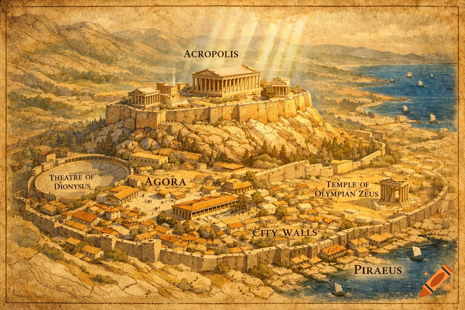 Vintage-style map of ancient Athens, highlighting the Acropolis, Theatre of Dionysus, Agora, and city walls near the sea.