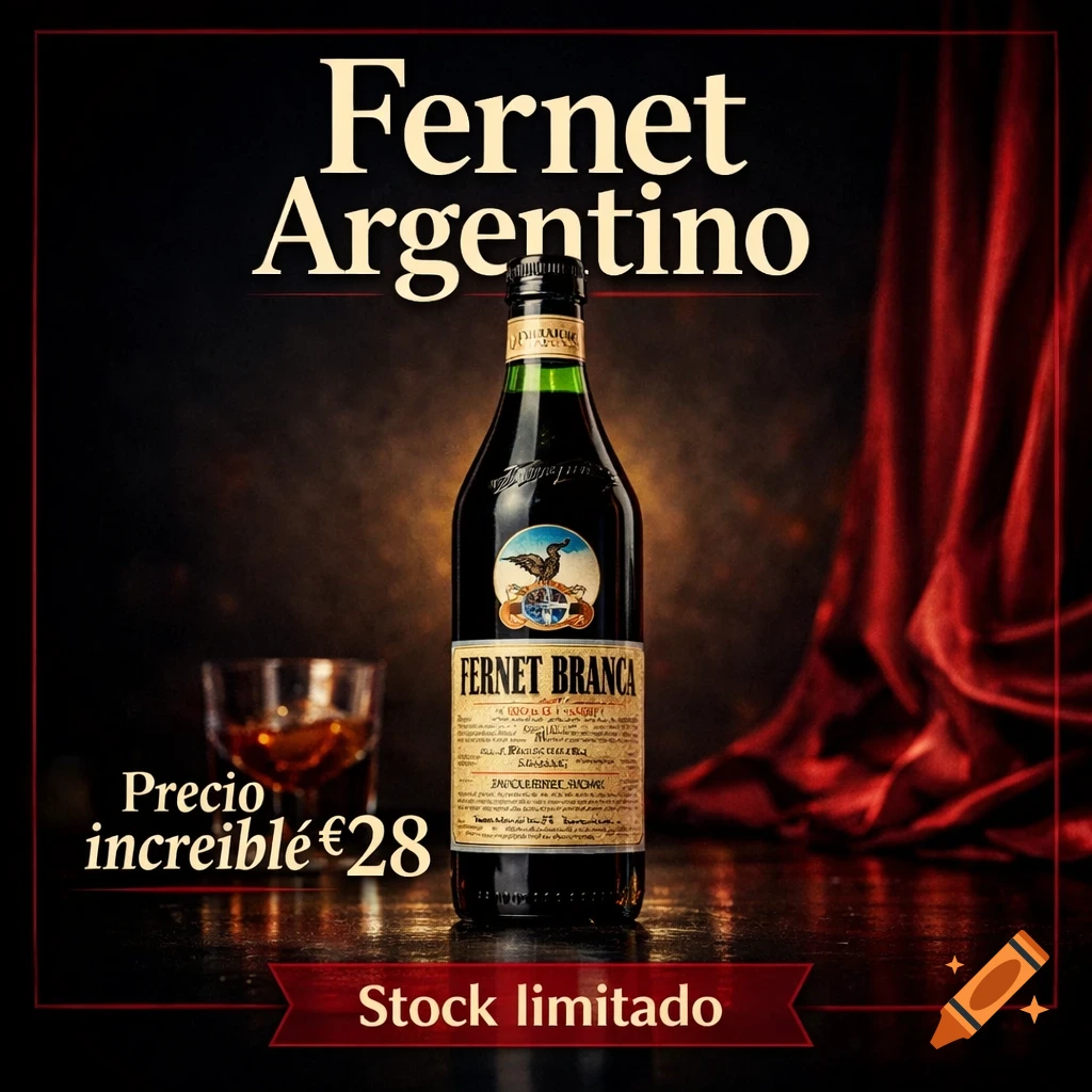 A dark, elegant advertisement flyer for Fernet Argentino, featuring a centered bottle of Fernet Branca, a glass with ice, and red curtains in the background. Text reads "Fernet Argentino", "Precio increíble €28", and "Stock limitado".