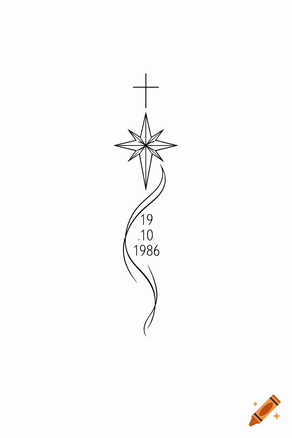 Minimalist fine-line tattoo design with a Christian cross, Star of Bethlehem, and the date 19.10.1986 in elegant black lines on a white background.