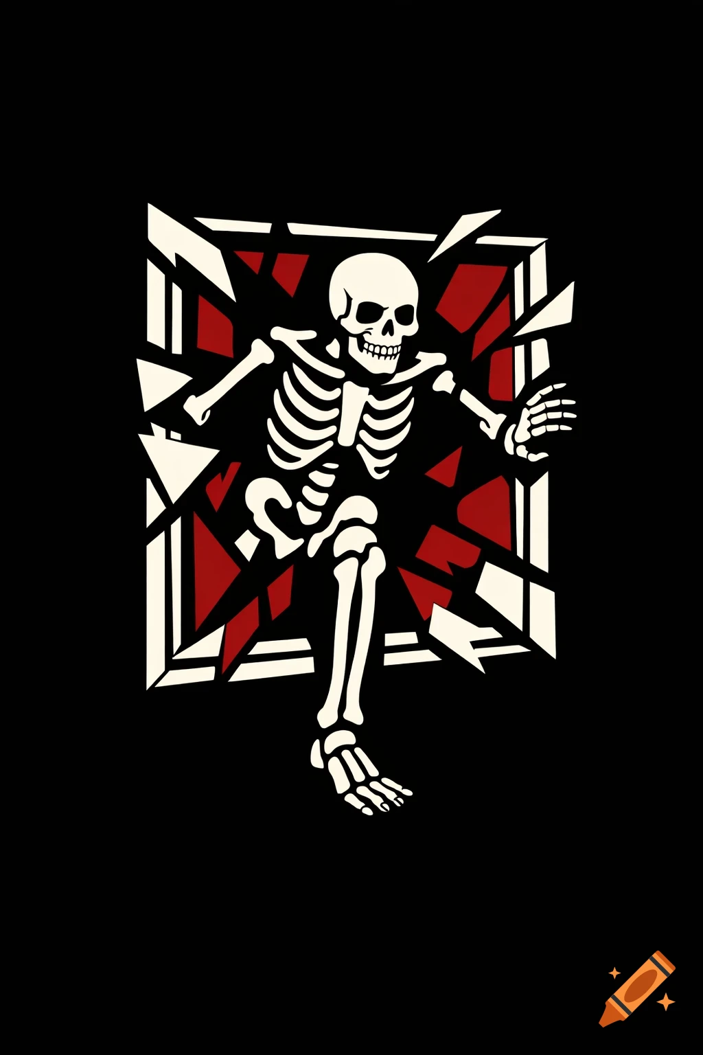 Stylized white skeleton stepping out of a broken frame with red and white abstract shards on a black background.