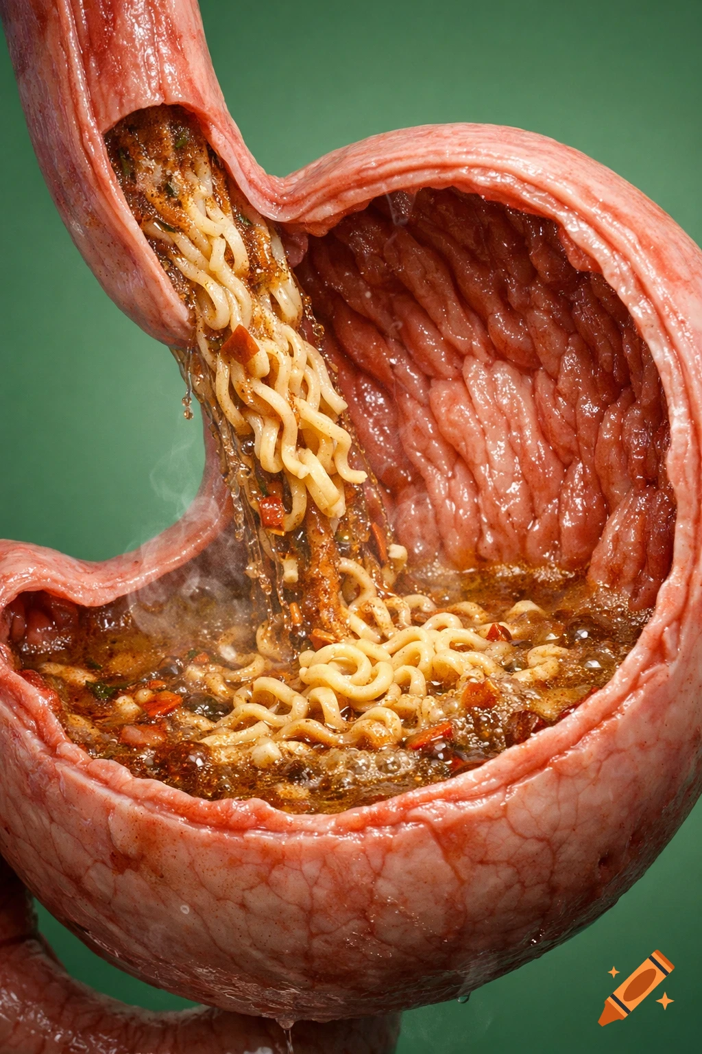 Realistic 3D medical illustration of a human stomach, with Indomie noodles being poured into it, green background.