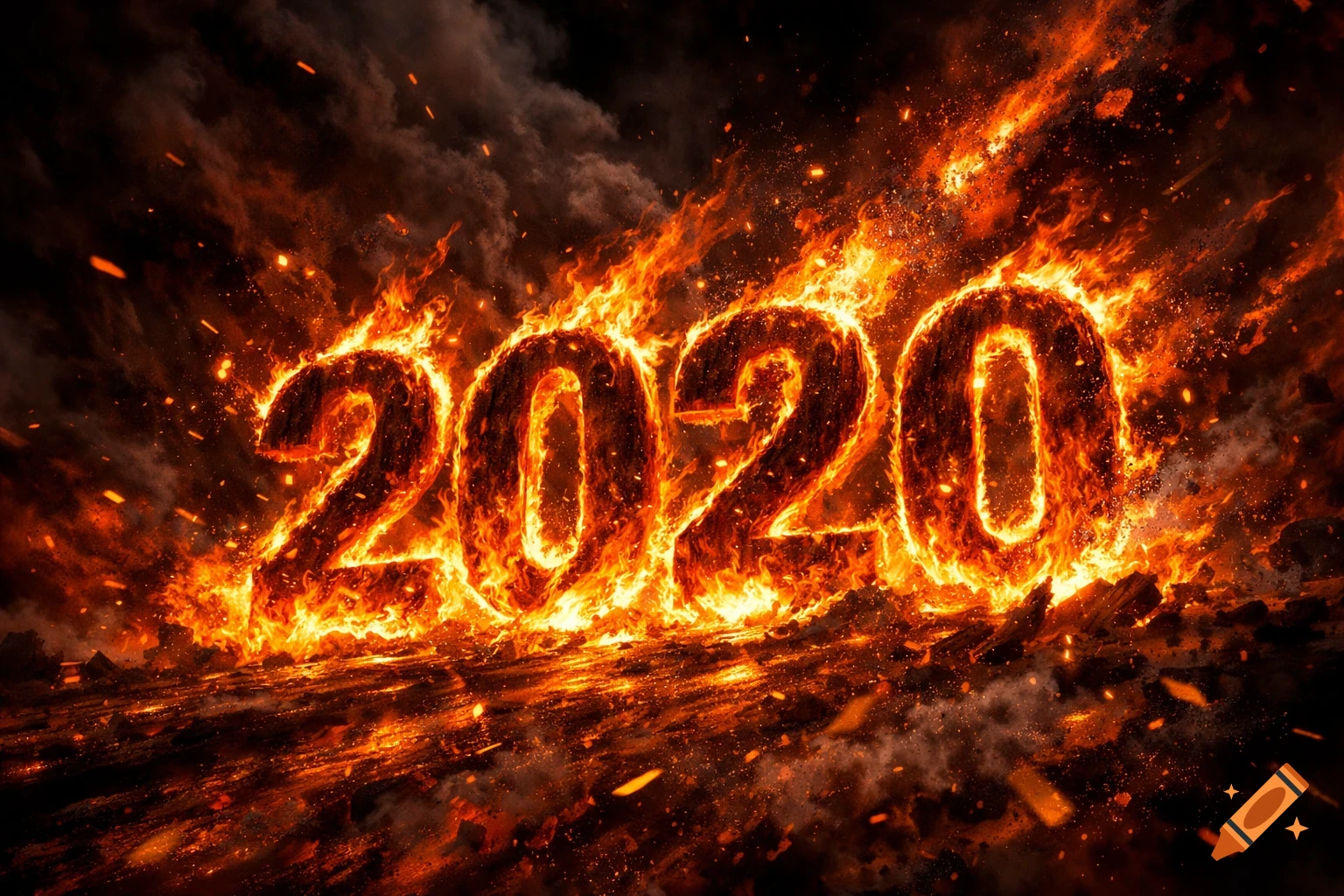 The numbers 2020 engulfed in swirling flames and smoke, with sparks flying in a dramatic, dark scene.