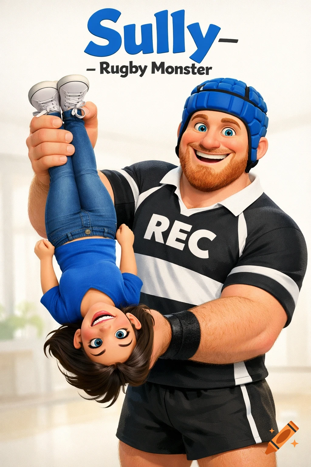 A Pixar-style illustration of a strong, red-bearded rugby player in a blue helmet and 'REC' jersey holding a smiling woman upside down by her feet. Text reads "Sully - Rugby Monster".