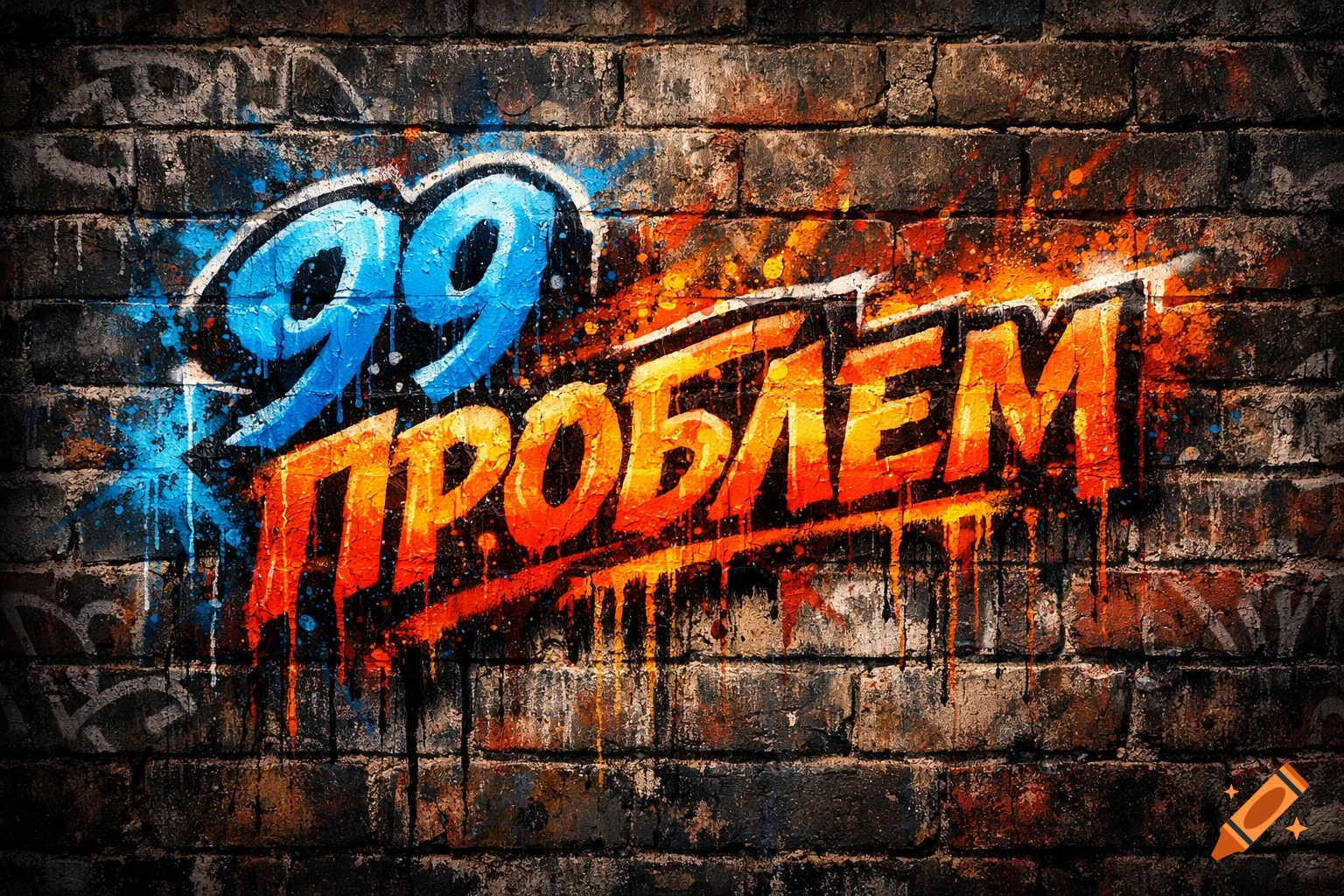 Graffiti art of '99 ПРОБЛЕМ' (99 PROBLEMS) in blue and orange on a dark brick wall with paint splatters.