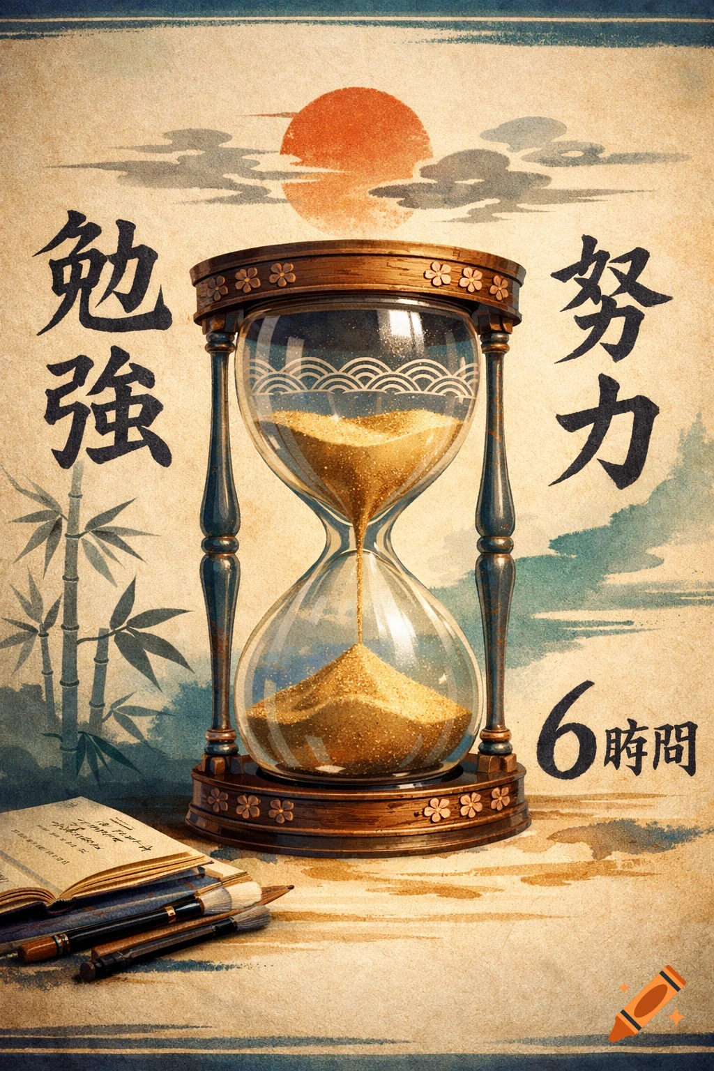 A Japanese-style motivational poster with an hourglass, calligraphy for 'study' and 'effort', the text '6 hours', bamboo, and an open book with pens.