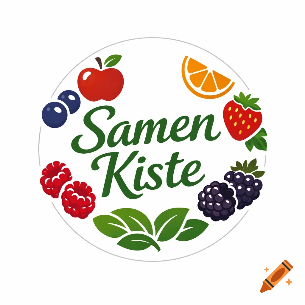 A round logo with "Samen Kiste" in green script, encircled by colorful fruits: blueberries, apple, orange slice, strawberry, raspberries, and blackberries on white.