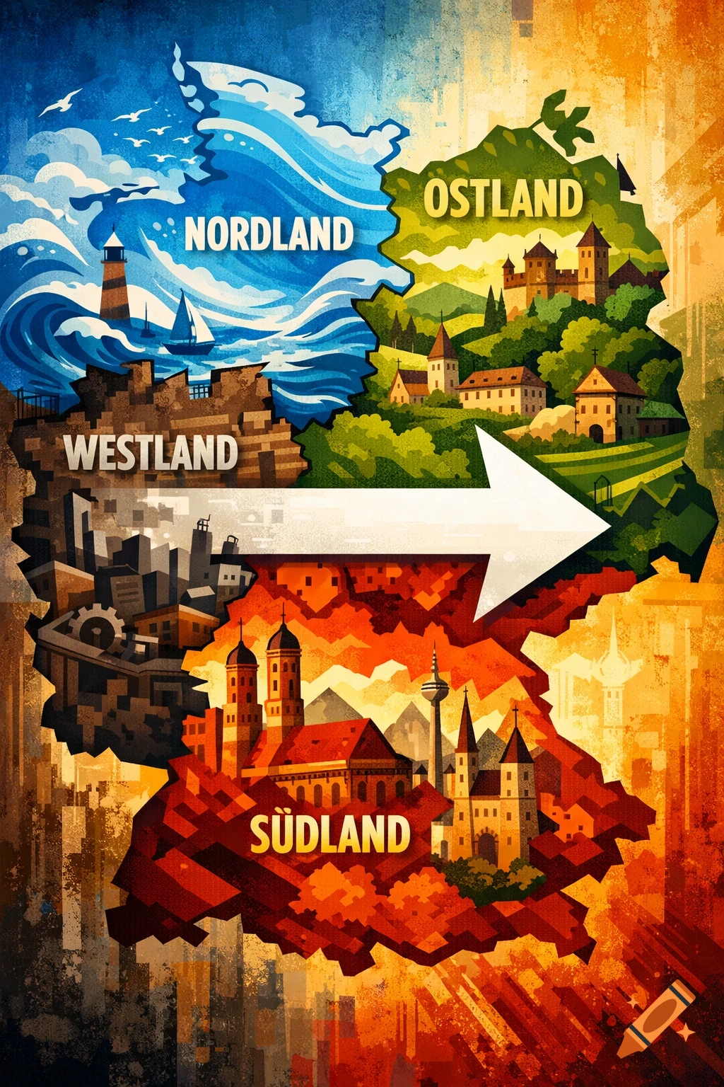 A colorful, stylized map of Germany divided into four distinct regions: Nordland, Ostland, Westland, and Südland, showcasing various landscapes and architecture.