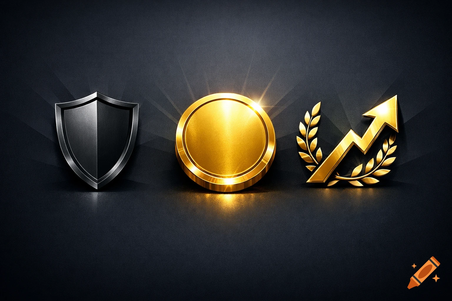 A dark metallic shield, a shiny golden coin, and a golden upward arrow with laurel leaves on a dark textured background.