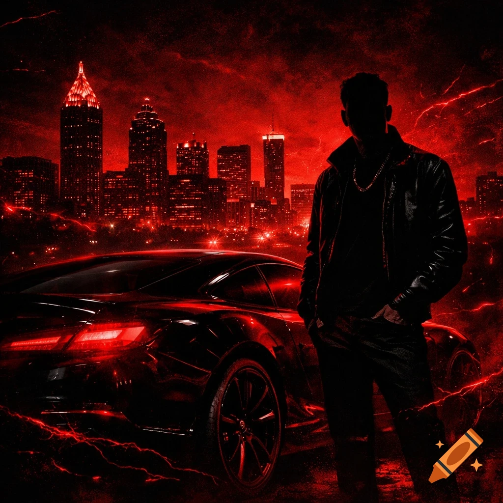 A man's silhouette in a leather jacket stands next to a black sports car under a dramatic red and black Atlanta cityscape at night.