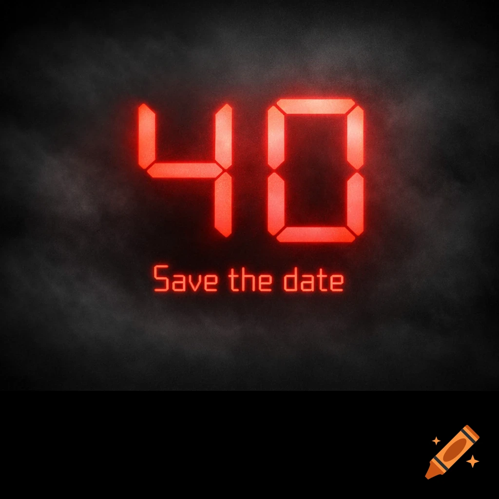 Red digital LED numbers '40' and 'Save the date' text on a dark, smoky background, in a retro-digital style.