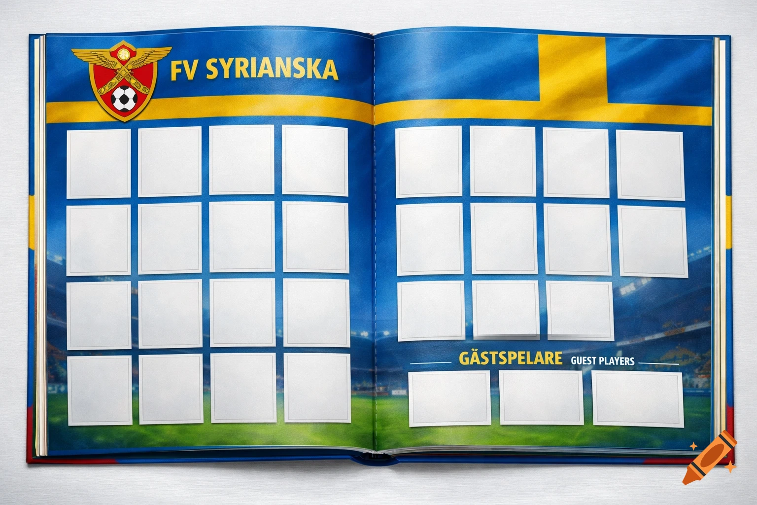An open football sticker album with a blue and yellow background, empty slots for 33 stickers, and text 'FV SYRIANSKA'.