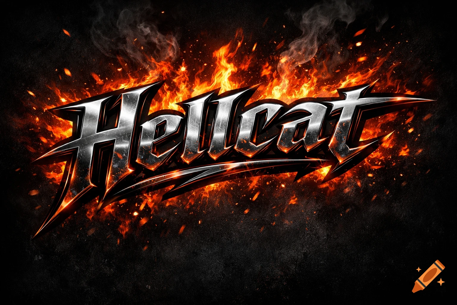 A metallic, sharp-edged "Hellcat" logo is engulfed in bright orange and red flames against a dark, smoky background.