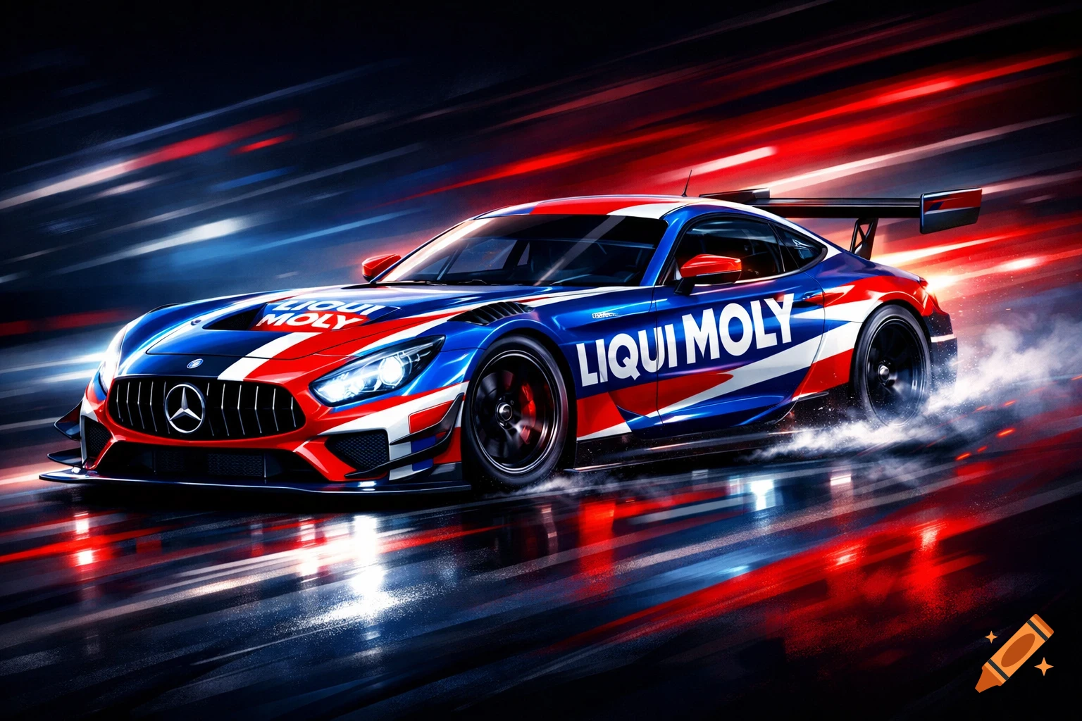 Dynamic shot of a red, white, and blue Mercedes-AMG race car with 'LIQUI MOLY' branding, speeding with motion blur.