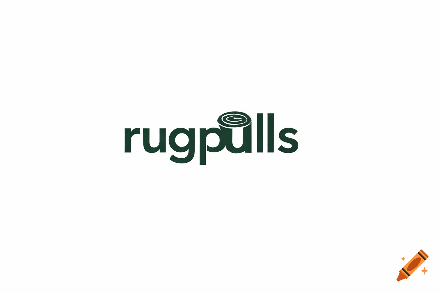A dark green minimalist logo for 'rugpulls' on a white background, where the letter 'p' is stylized as a rolled rug.