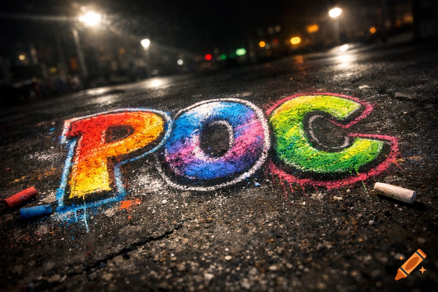 Colorful chalk letters "POC" on dark asphalt, illuminated by blurry streetlights at night, with scattered chalk dust and fragments.