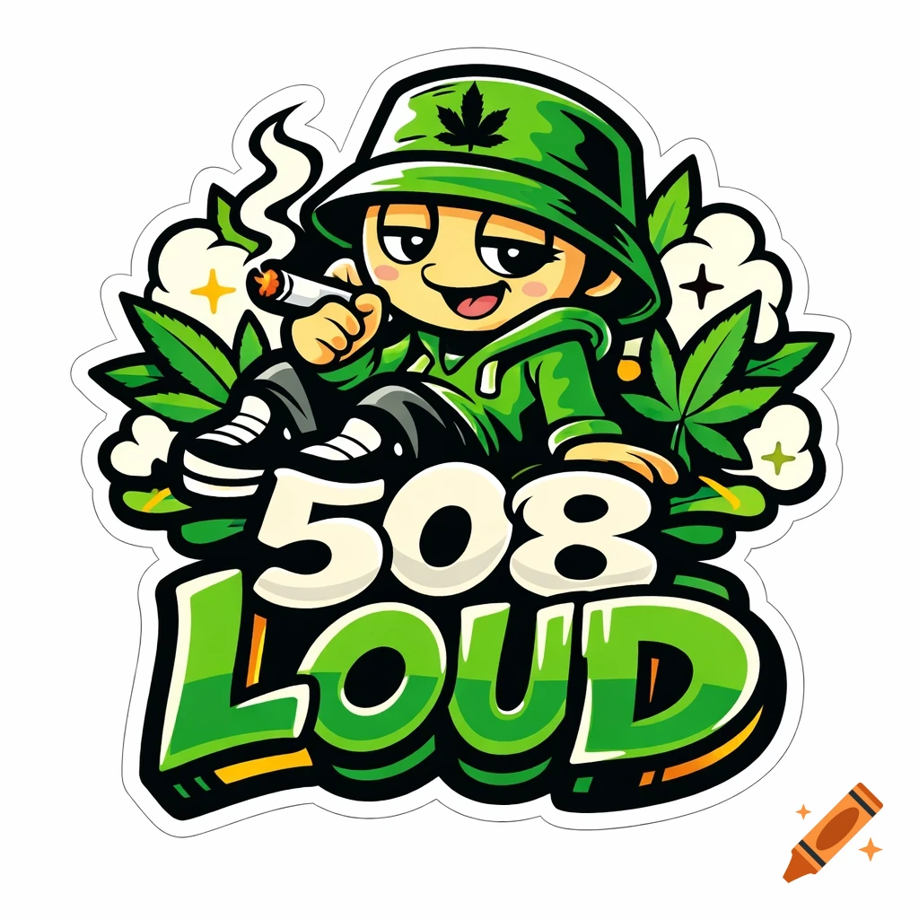 A green cartoon sticker features a character in a bucket hat smoking a joint, surrounded by cannabis leaves and the text '508 LOUD'.