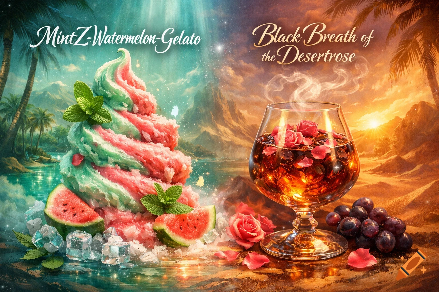 A fantasy landscape split in two, with MintZ-Watermelon-Gelato on one side and a drink called Black Breath of the Desertrose on the other.