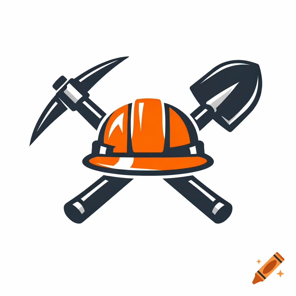An orange hard hat centered over crossed dark grey pickaxe and shovel in a clean logo style.