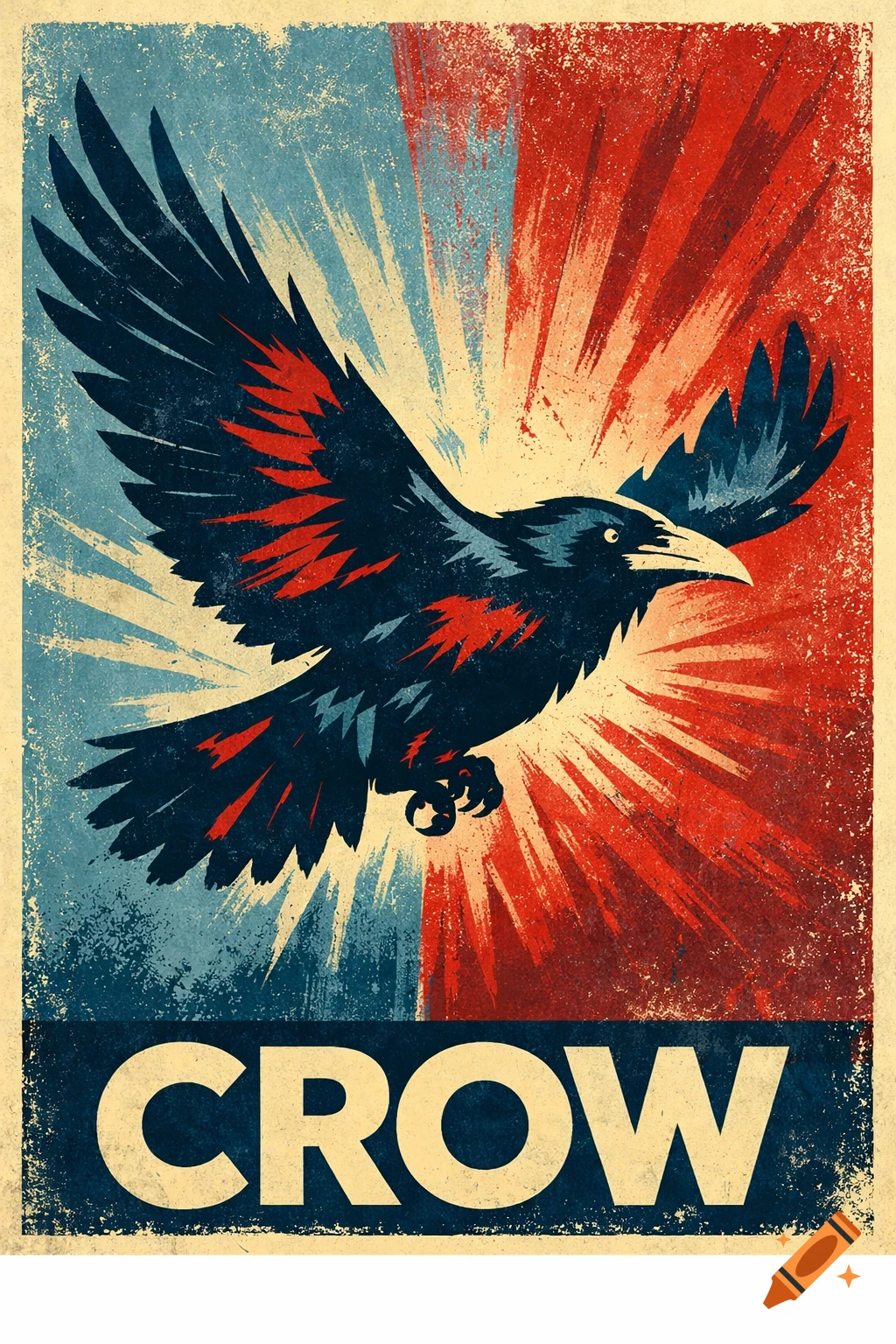 A stylized vintage protest poster features a black crow with red and blue accents, set against a red and blue sunburst background. The word 'CROW' is at the bottom.