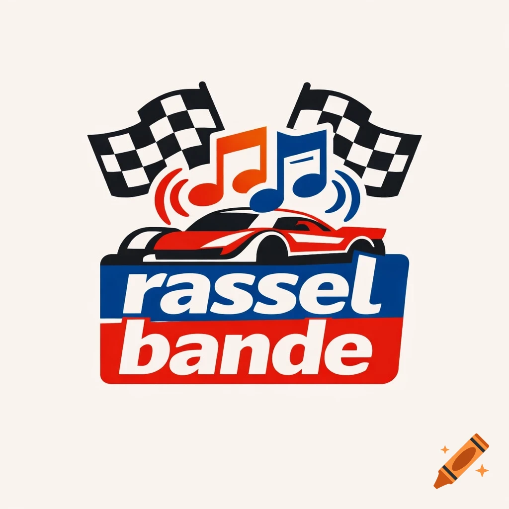 A graphic logo featuring two checkered flags, musical notes, a red race car, and 'rassel bande' text.