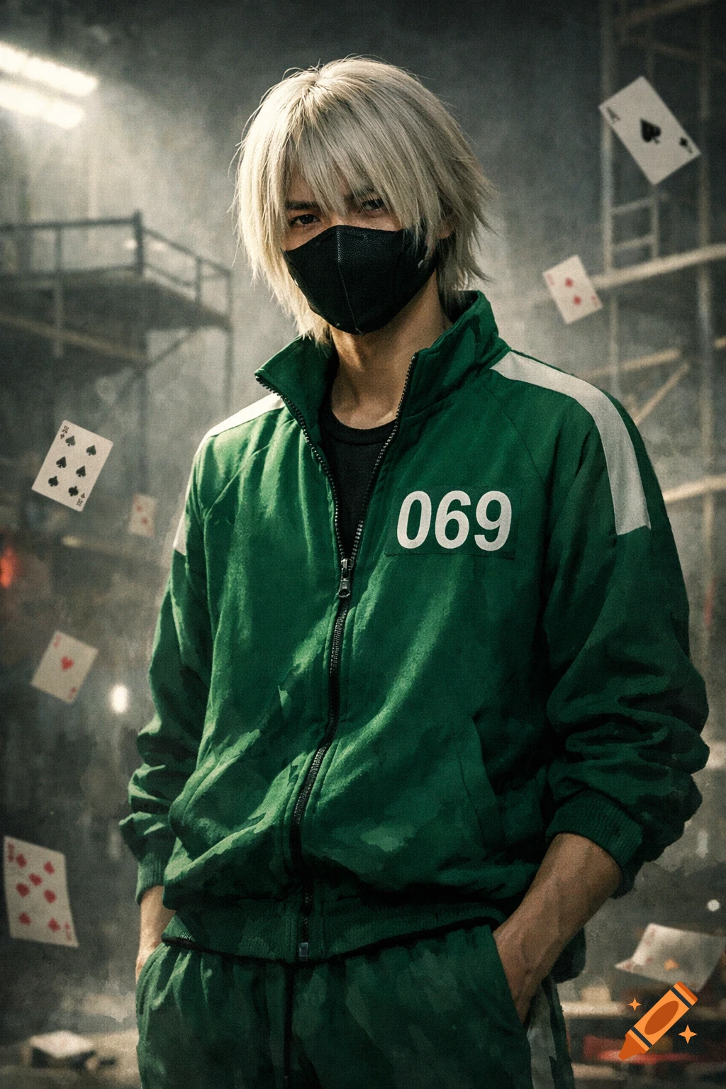 Photorealistic image of a person with white hair and a black mask, wearing a green tracksuit with '069', surrounded by floating playing cards.